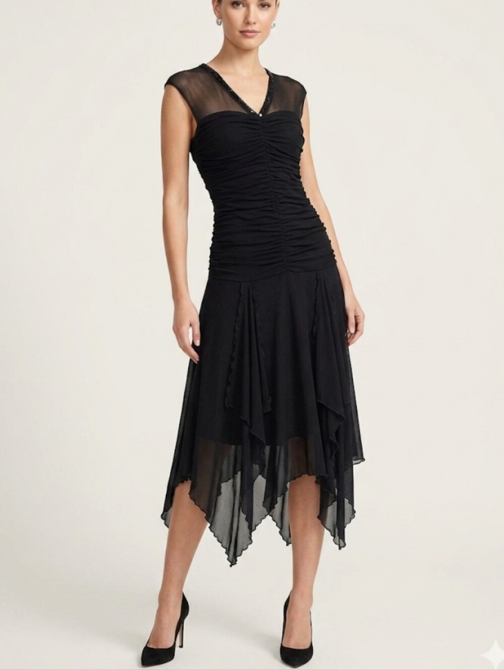 Vintage 90s Sangria Black Ruched Mesh Nylon Midi Dress  Fairy Hem  8